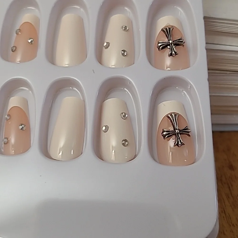 2/$16 Rhinestone Cross French Manicure Press on Nails